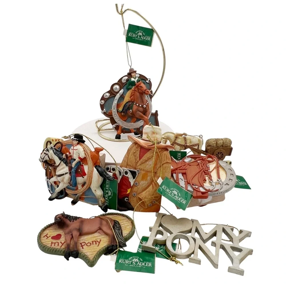 Kurt Adler Western Horse Ornaments Lot of 7 Cowboy Cowgirl Pony Resin 2000s Tags